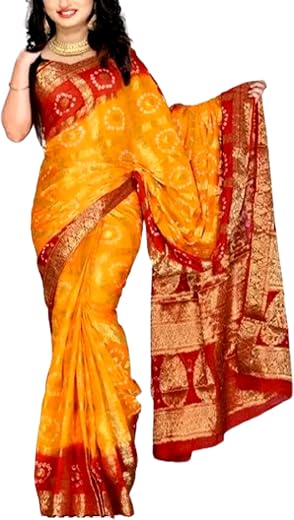 Women`s Bandhani Bandhej 2024 Silk Sarees Traditional Design with Contrast Blouse Piece - Yellow Red