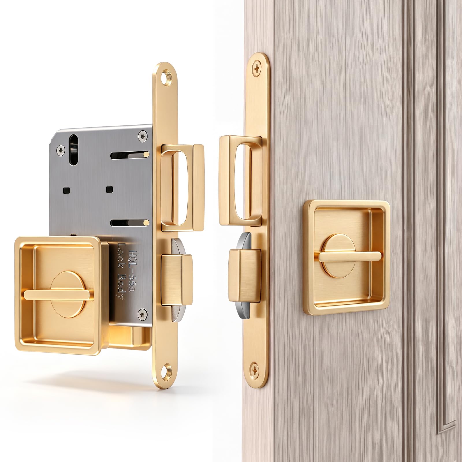Hicarer Zinc Alloy Pocket Door Lock, Square Gold Hidden Pull Handle