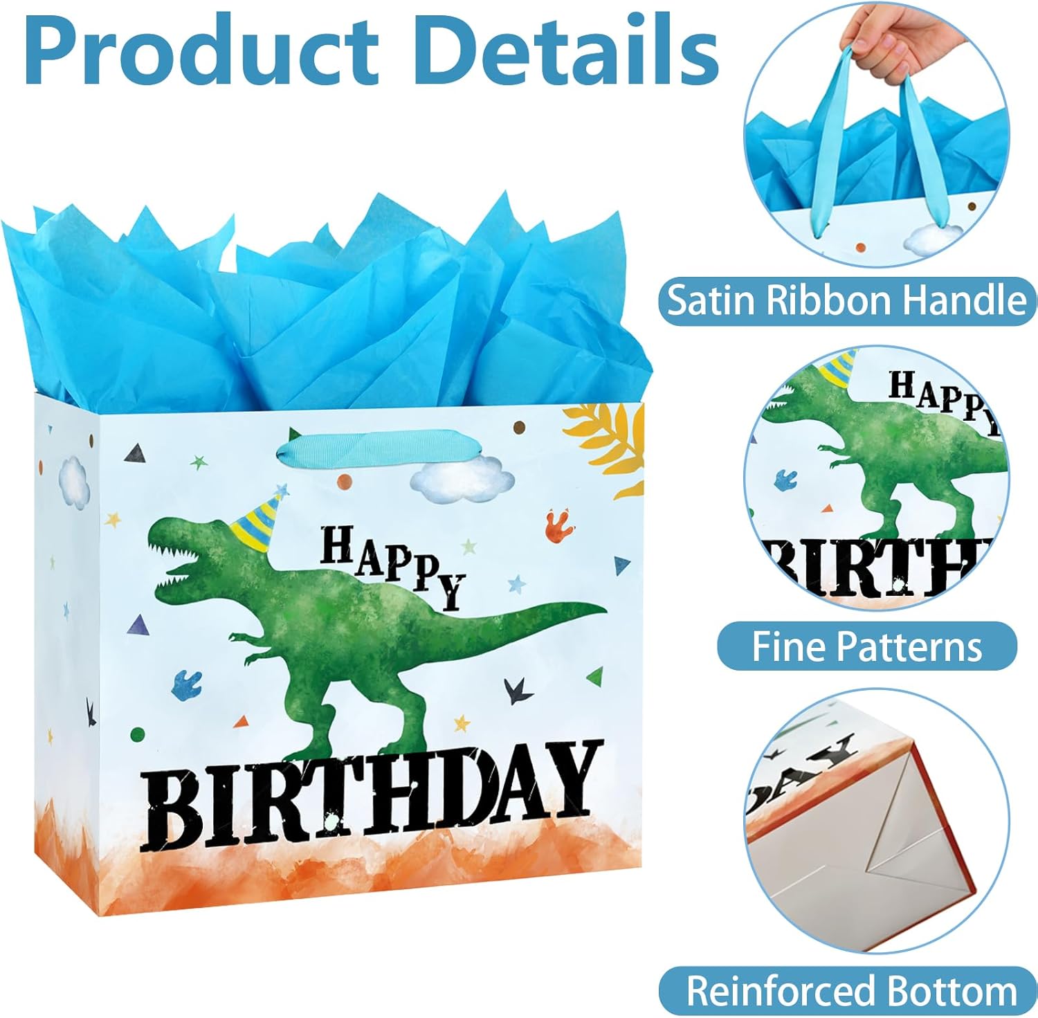 Yusenguan 13" Large Watercolor Dinosaur Birthday Gift Bag with Handles, Greeting Card and Tissue Paper for Boys, Girls, Kids Birthday Party - Image 4