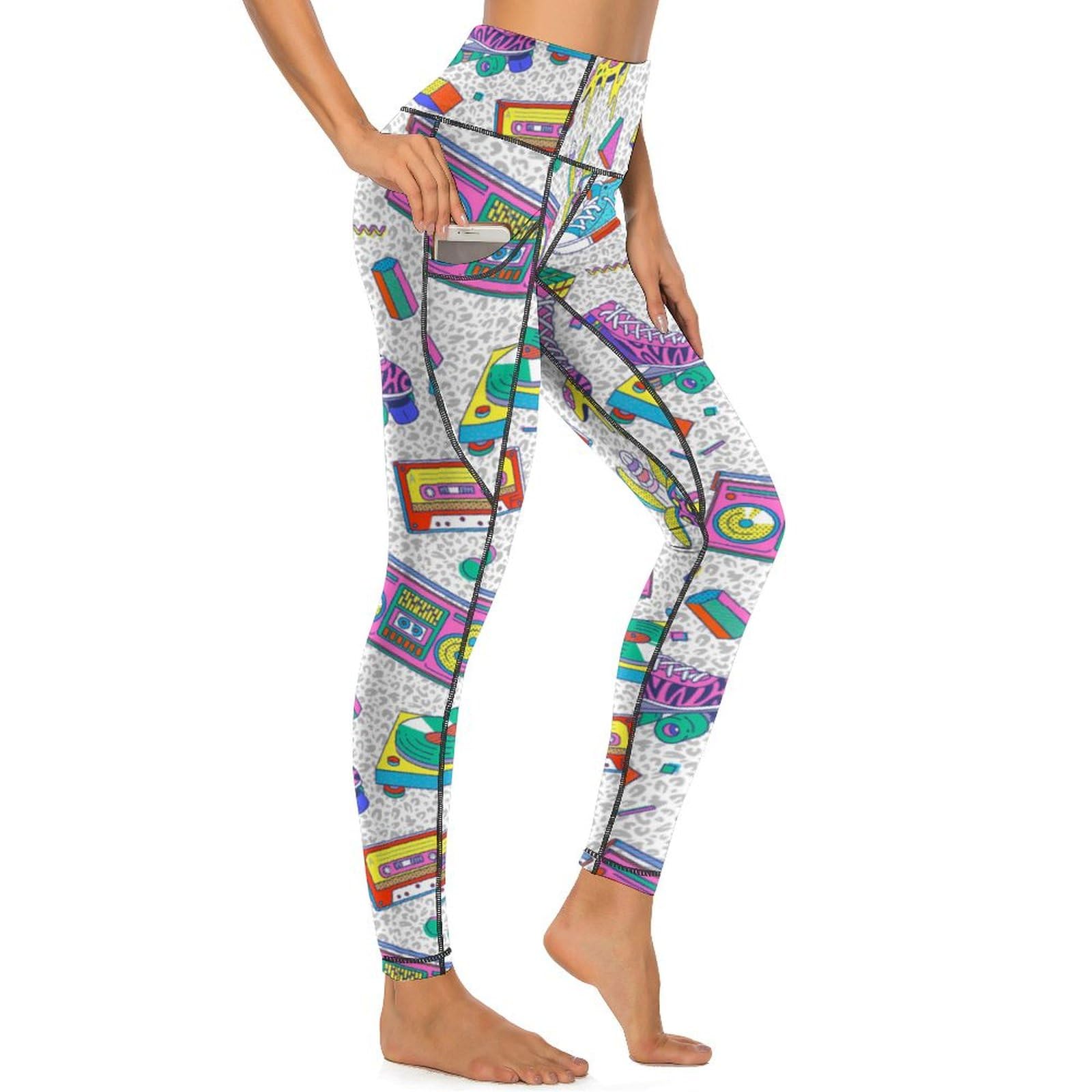 Msokazzles Women's White 80S 90S High Waisted Exercise Yoga Pants For Running Sports Workout Yoga Leggings With Pockets, Xxl