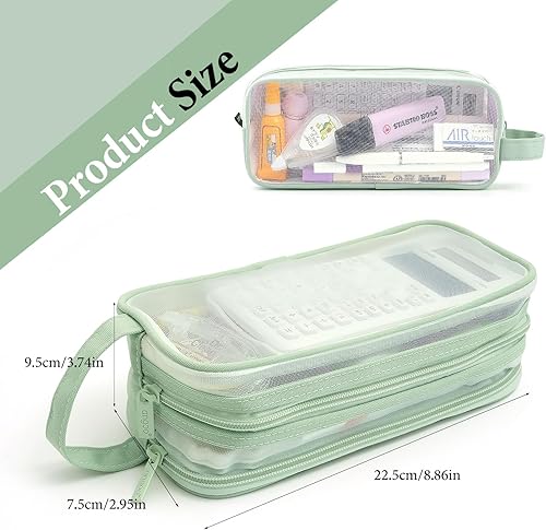 Miniatura 6 de Estuche grande de malla de malla con 2 compartimentos, bolsa transparente para lápices con cremallera, bolsa de papelería transparente multifunción