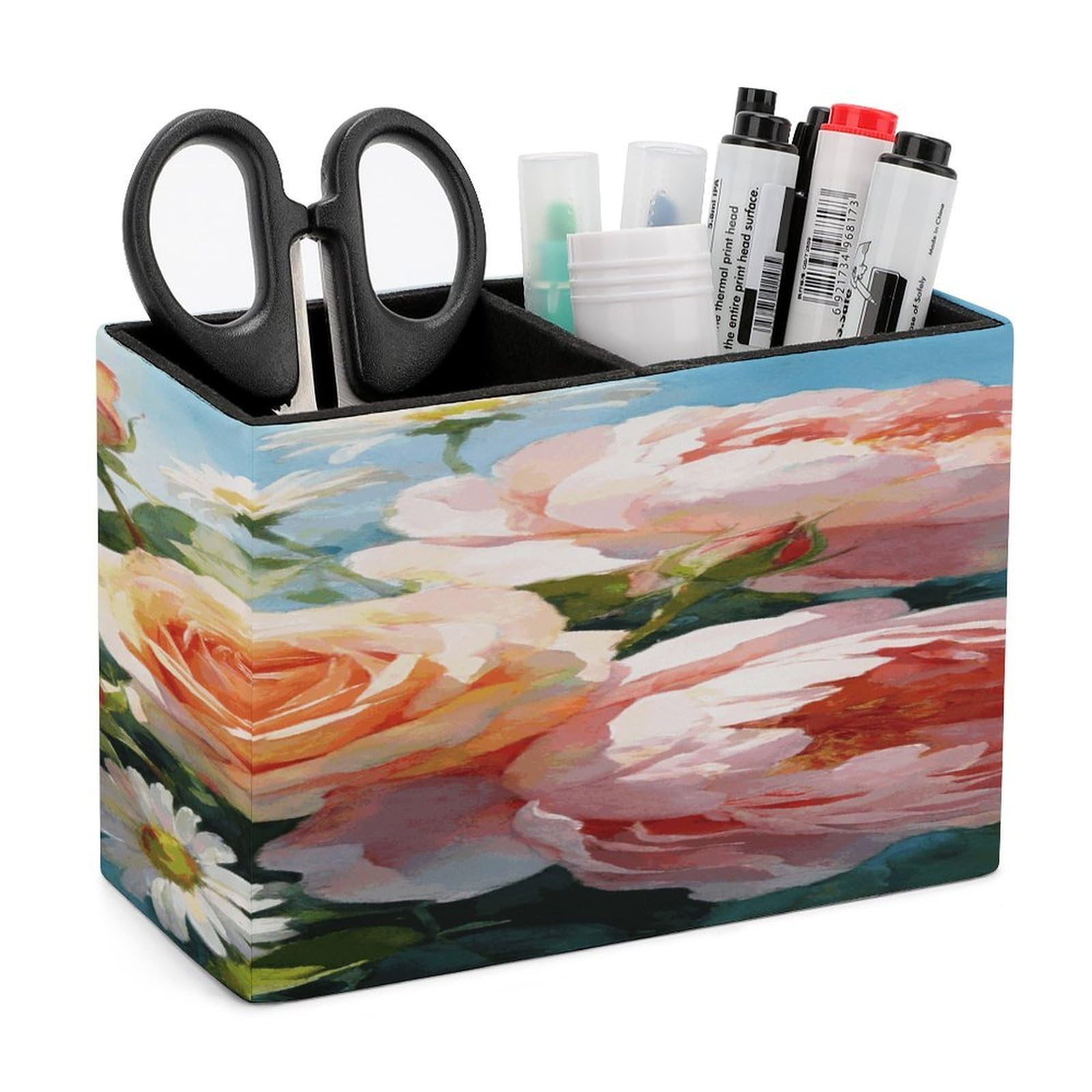 LZQPOEAS Gently Blooming Pen Holder Double Compartments Pen Cup Makeup Brush Holders Leather Pencil Holder Locker Organizer for Work Locker Accessories Modern Pencil Cup for Desk