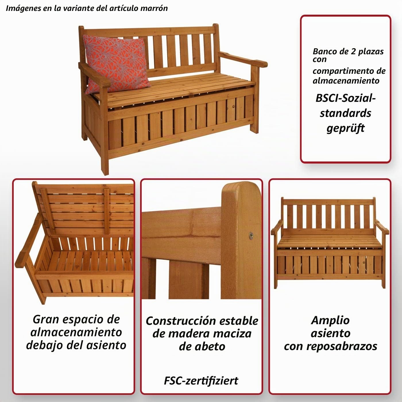 Mendler Banco de jardín HWC-L68 con espacio de almacenamiento, banco de almacenamiento, madera de abeto exterior, MVG, 114 cm, marrón