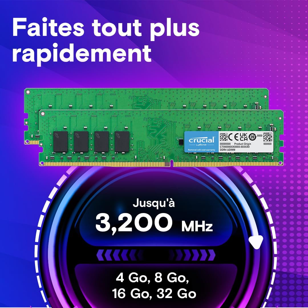 Crucial RAM DDR4 8Go 3200MHz CL22, PC Mémoire (ou 2933MHz / 2666MHz) - CT8G4DFRA32A