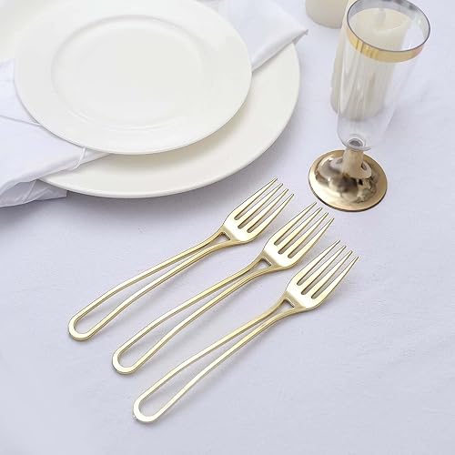 Miniatura 9 de Efavormart - Paquete de 24 horquillas de plástico con diseño moderno de mango hueco dorado de 7 pulgadas, utensilios desechables