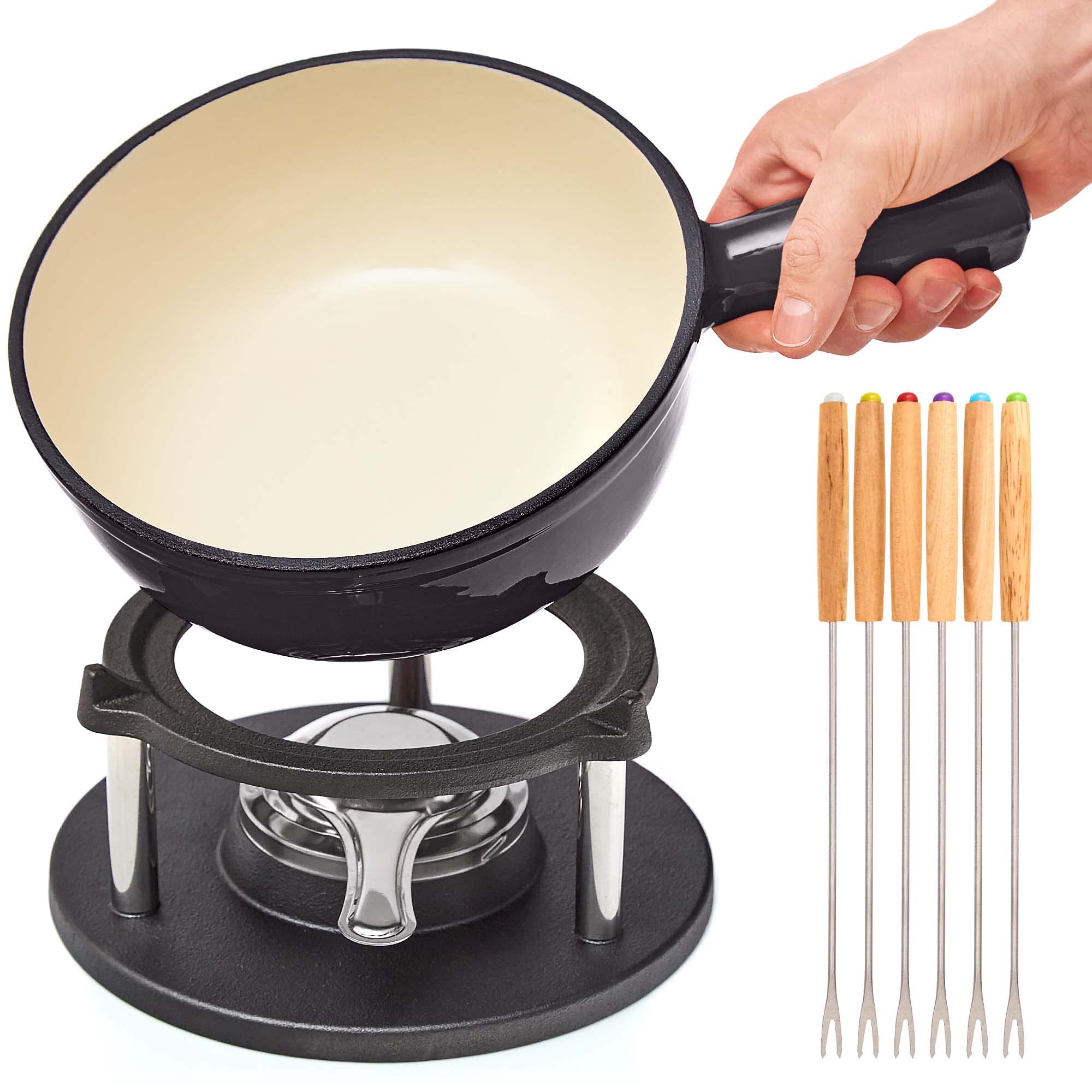 Gusseisen Fondue Set für 6 Personen - 2 Liter - Fondueset 9-teilig mit Brenner und 6 Gabeln - mit Emaille-Beschichtung - geeignet für Käsefondue Schokofondue Fleischfondue Gemüsefondue