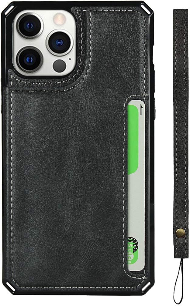 Cavor for iPhone 12 Pro Max Case with Card Holder,for iPhone 12 Pro Max Wallet Case for Women Men,Phone Case 12 Pro Max Case with Stand & Strap,Leather Shockproof Protective Case Cover- Black