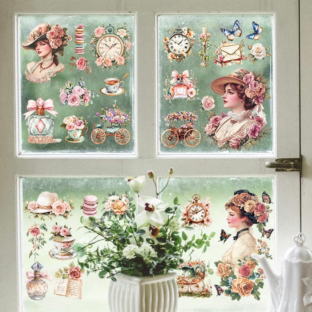AHANDMAKER 12 Sheets Victorian Lady Rub on Transfer Stickers, Vintage Lady Floral Rub on Transfers, Court Bouquet Rub on Decals Tea Party Sticker for Crafts Drawer Cabinet Dresser Home Decor, 5.5x5.5