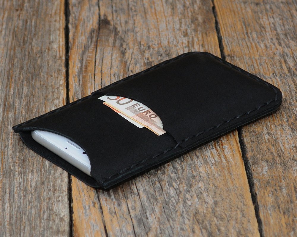 Black Leather Case for iPhone 13 Mini, Handmade Cover Card Pocket