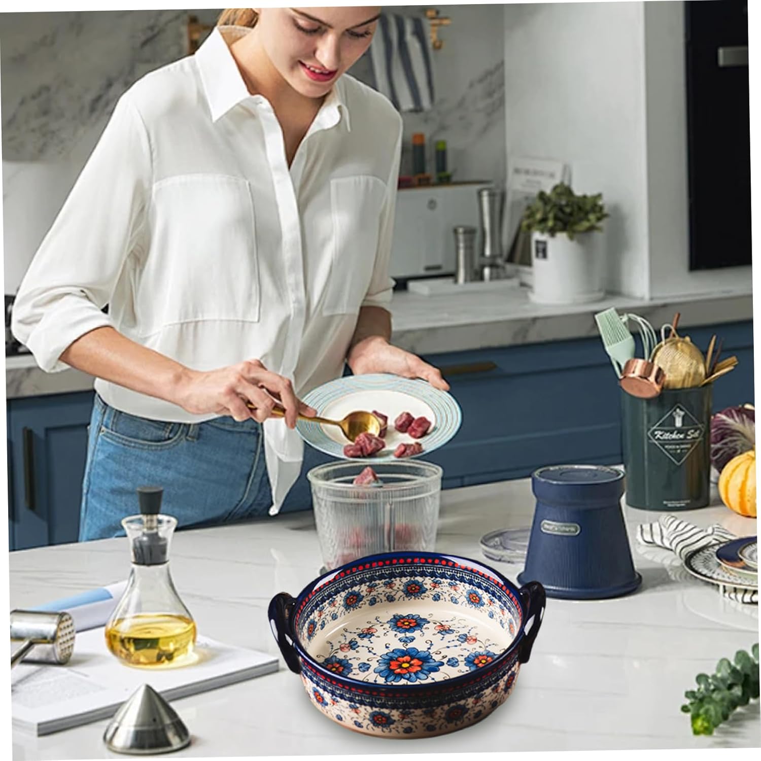 Baking Dish, 950ml Heat-Resistant Ceramic Oven Dish with Dual Handles, Flower Print Round Lasagne Bowl, Non Slip Washable Bakeware for Oven