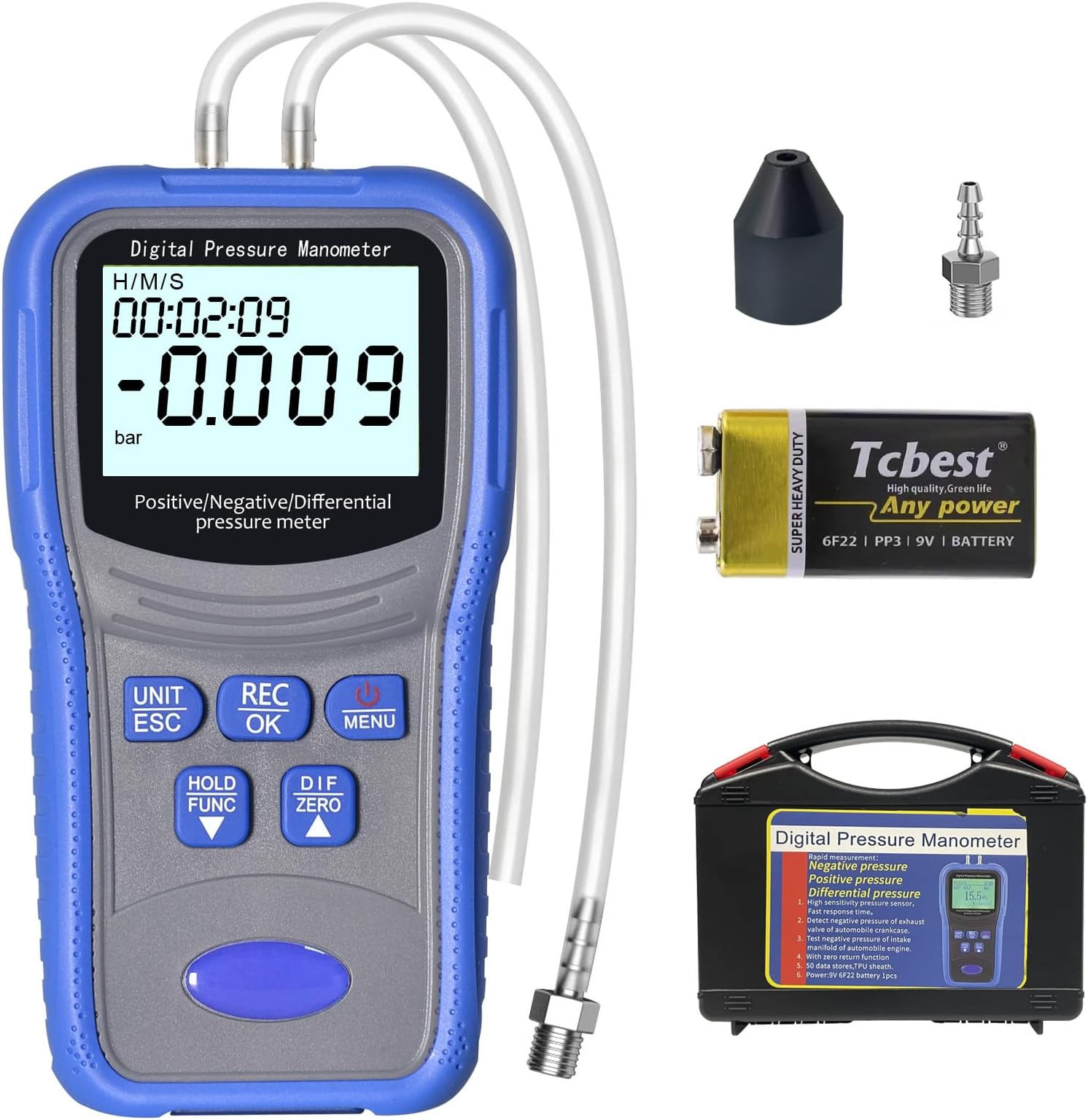 – Digital Manometer Pressure Gauge Multifunction Differential Manometer GR-T9-TM510 Measures Negative/Positive/Differential Pressure ±30 psi / 206.8 kPa Data Storage LCD Display Dual Ports for Pressure