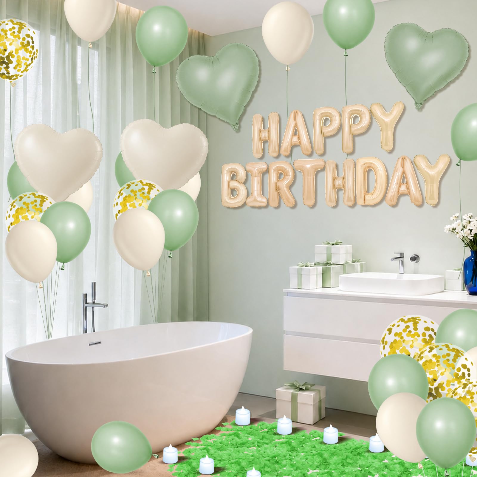 Ballons décoratifs vert sauge « Happy Birthday » - Bannière de ballons d'anniversaire avec ballons en forme d'étoile - 24 bougies LED sans flamme - Pour chambre, hôtel, fête