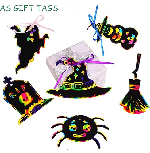 Miniatura 5 de DIYASY Papel para rascar de Halloween, 80 unidades, 20 diseños mágicos de arco iris para niños, manualidades de Halloween con 20 palos y cinta