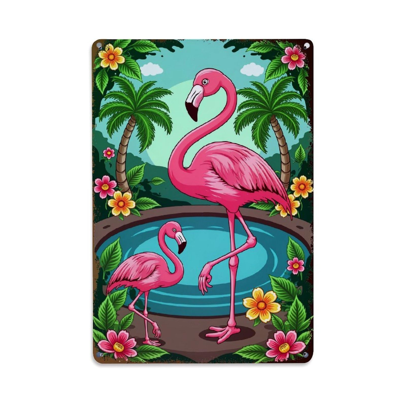 Jdfenggu Vintage Flamingo Palm Flower Water Sky Retro Metal Tin Sign, Decor Art Poster For Bar, Home, Man Cave, Kitchen, Laundry Room Gift 8X12inch