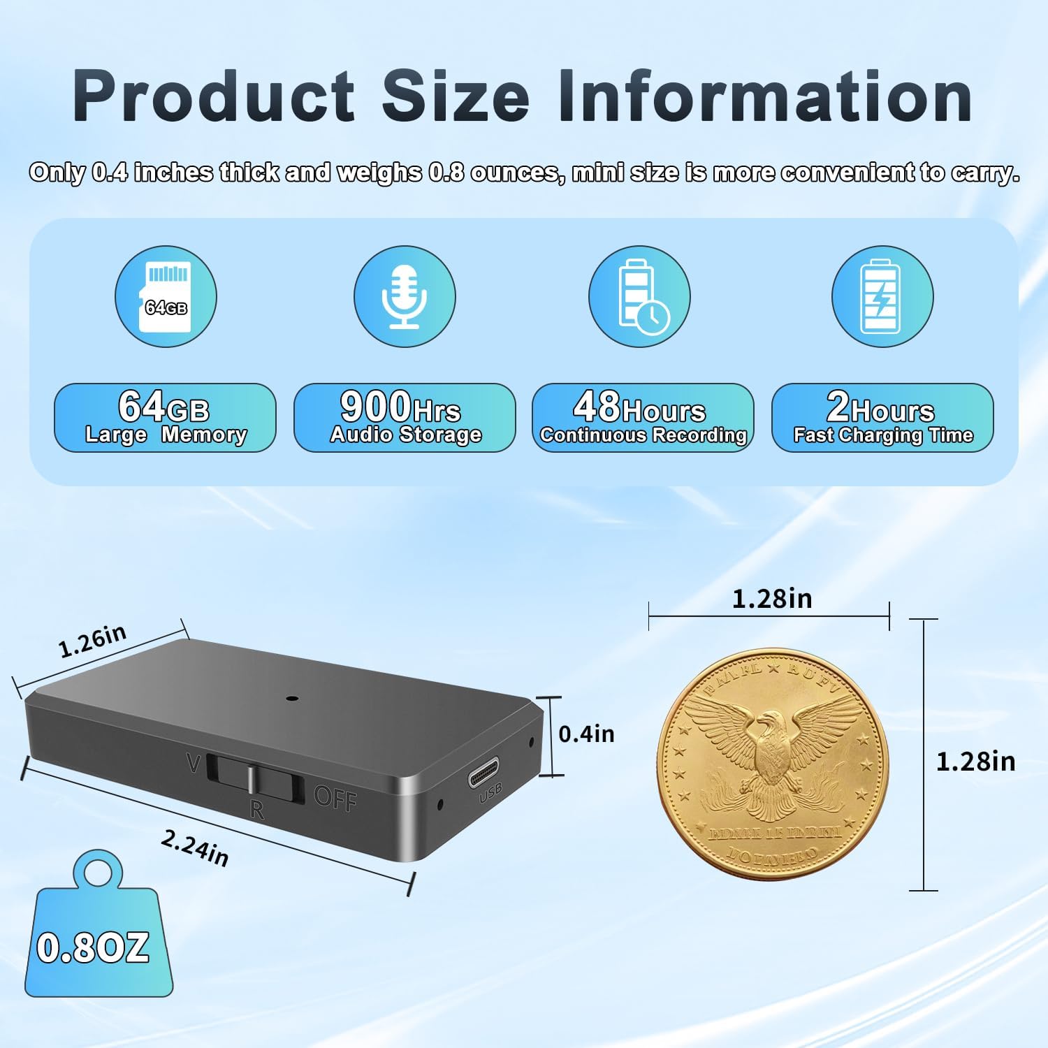 Voice Recorder - 64GB Mini Voice Recorder - Noise Cancellation Voice Activated Functionality, Rechargeable Audio Recorder with Earphone, Portable USB-C Recording Device for Work, Meetings, Interview