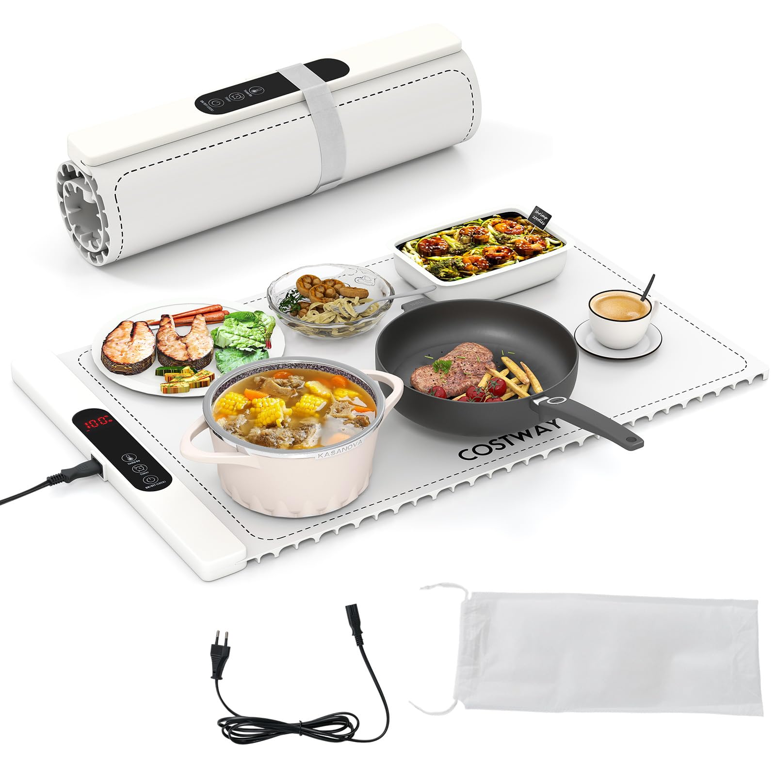 COSTWAY Chauffe Plat Électrique Pliable pour Aliments, Tapis Chauffant avec Température et Minuterie Réglables, Plateau Chauffant en Silicone Enroulable, Contrôle Tactile, pour Fêtes, Buffets (Blanc)