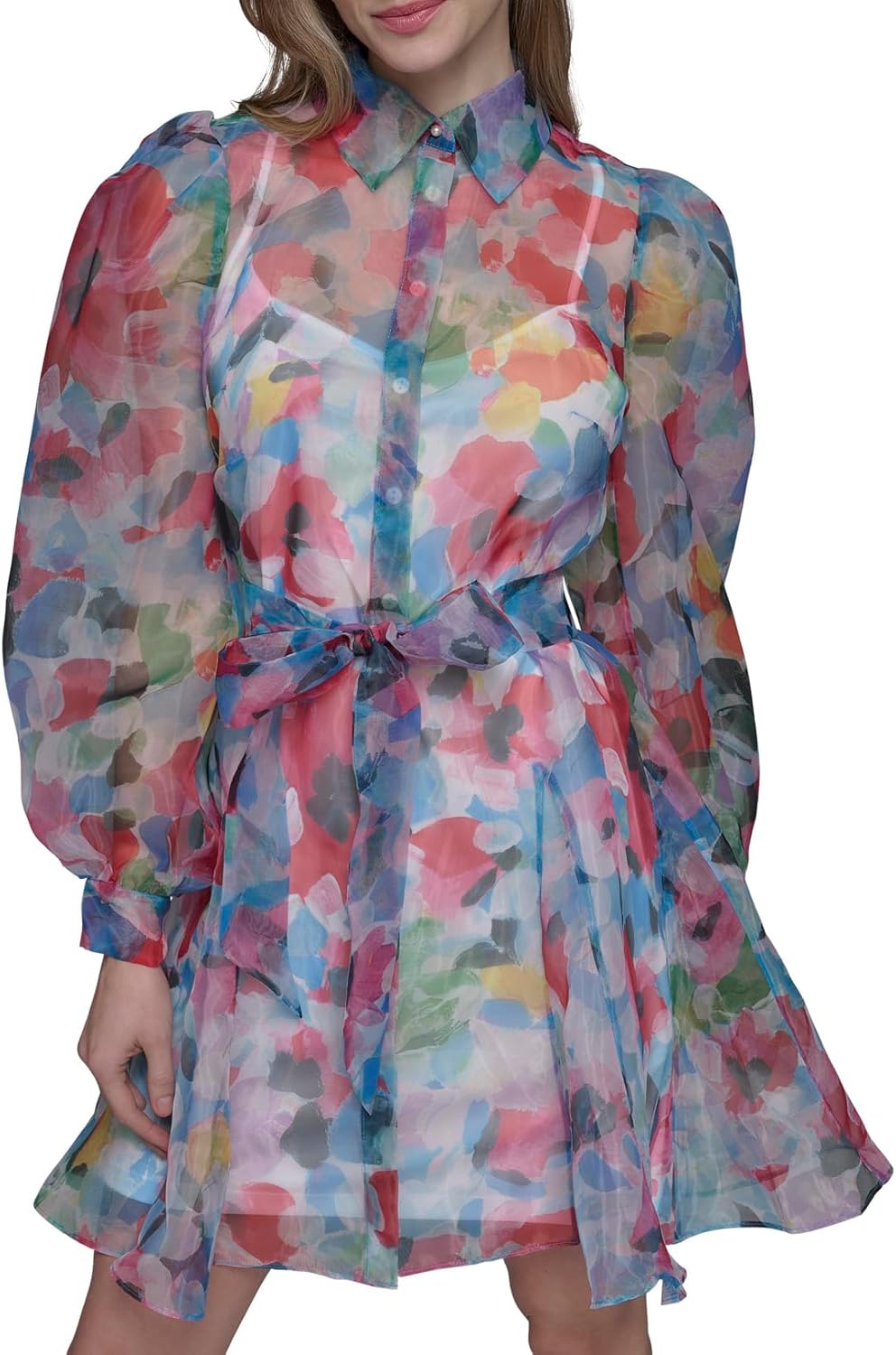 Karl Lagerfeld Womens Sheer Long Sleeve Puffer Wrap Mini Dress