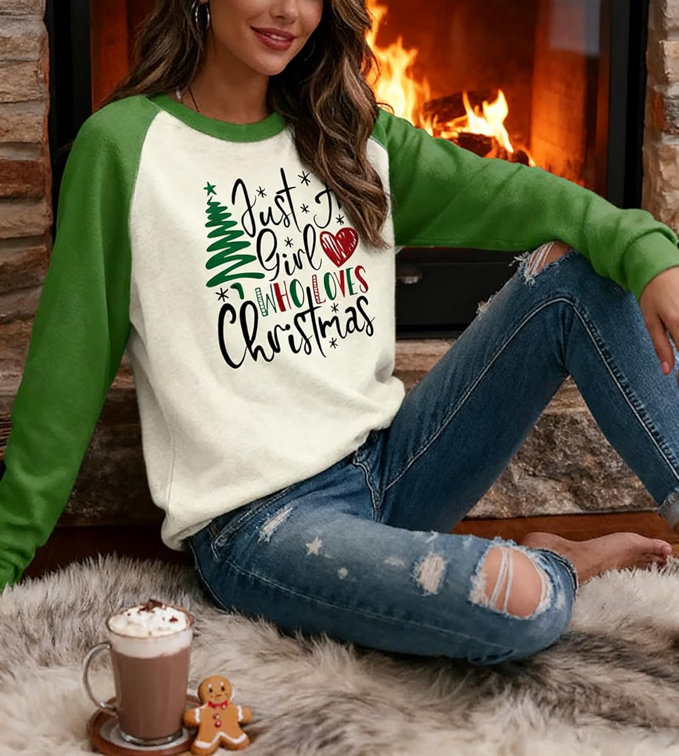 Susongeth Just A Girl Who Loves Christmas Tree Sweatshirt Shirts for Women Xmas Splicing Long Sleeve Pullover Shirt Top - Image 7