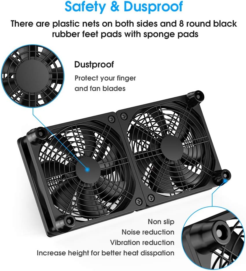 ELUTENG Dual DC 120mm Case Fan with Power Adapter, Powerful 12V Ventilator Fan for Laptop Receiver DVR Playstation Xbox Desk Computer Cabinet Cooling