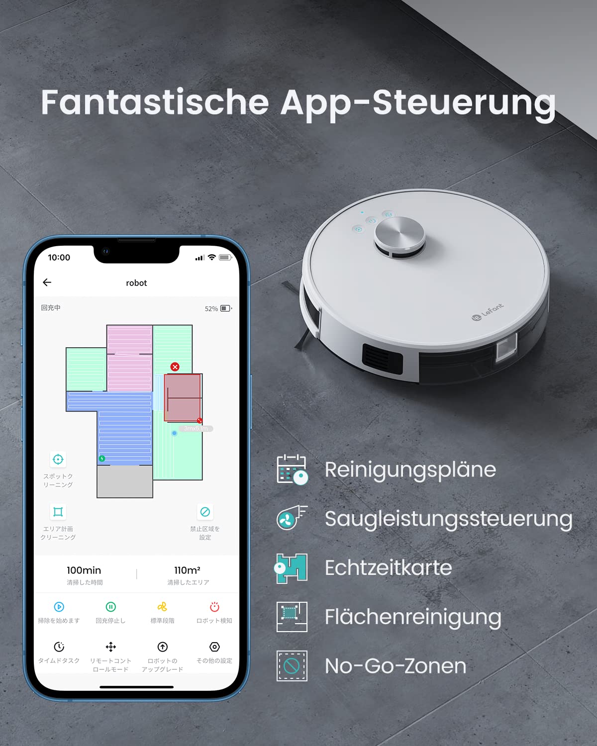 Lefant M1 Staubsauger Roboter, Mehrstufiges Mapping Saugroboter mit Wischfunktion No-Go-Zonen, 5500Pa Saugkraft, Ideal für Tierhaare und Hartböden, App-/Alexa-Steuerung, Weiß