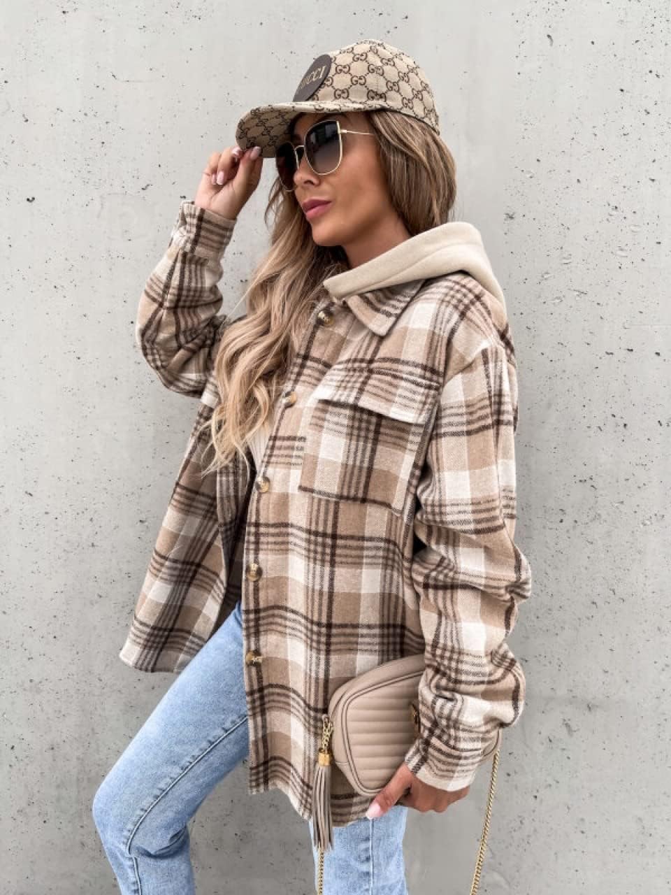 utcoco Womens Chunky Shacket Jacket Button Down Flannel Jacket with Hood Plaid Hoodie Coats - Image 3