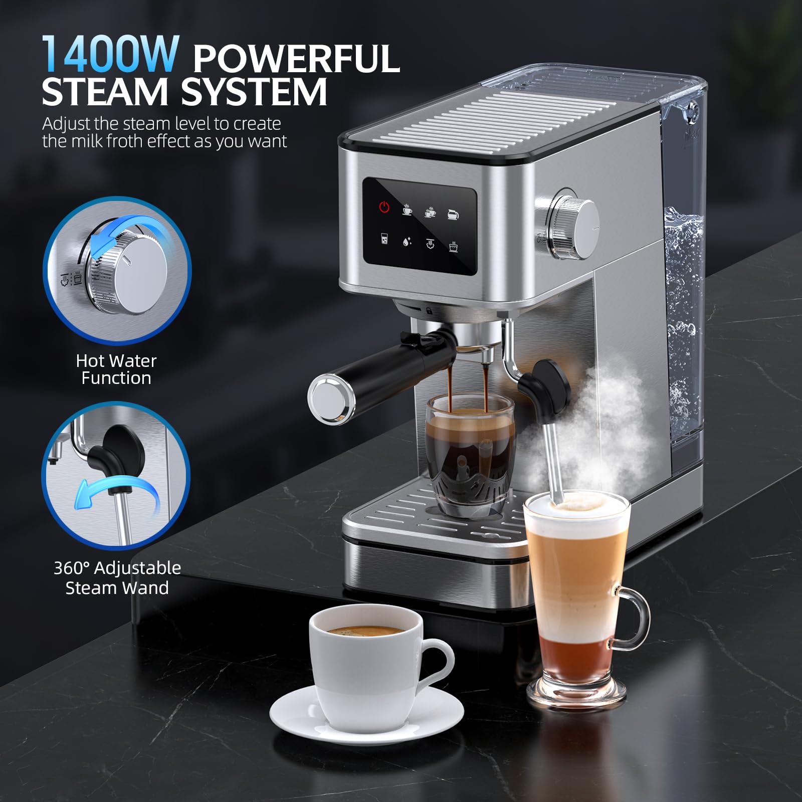 20 Bar Espresso Machine with Milk Frother, Stainless Steel Coffee Maker with Touch Screen & Cold Brew, 45s Fast Heat Small Cappuccino & Latte Machine with 57.5oz Removable Water Tank for Home, Silver — view 4