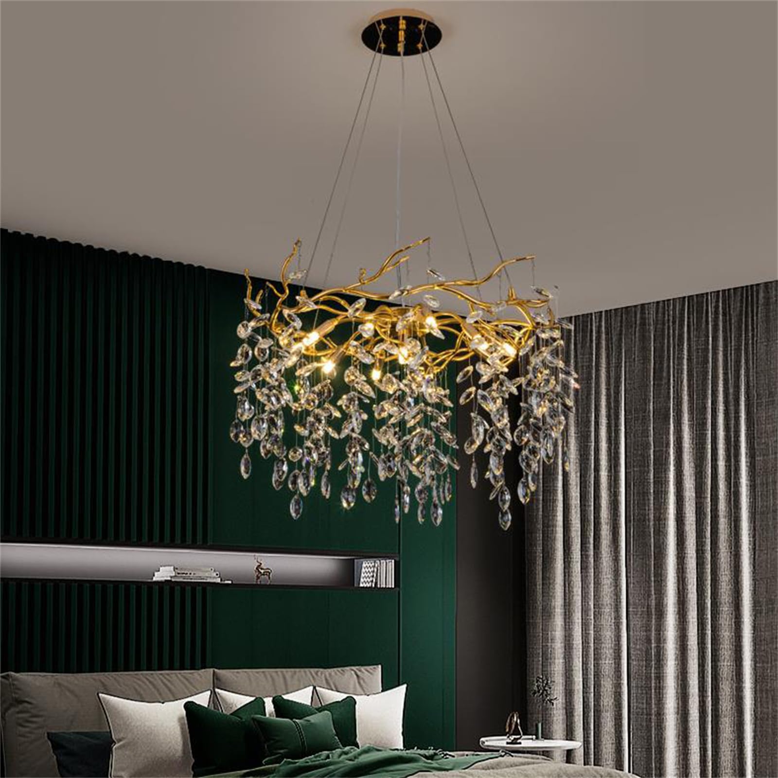 KXEcoLife Modern Tree Branch Crystal Chandelier Luxury Raindrop Pendant Lighting Contemporary Round Chandeliers for Dining Room Kitchen Bedroom Living Room,Dia60cm