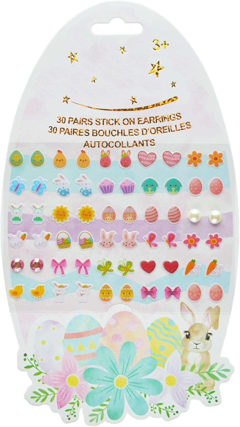 30/60 Pairs Easter Bunny Sticker Earrings Kids Stick on Earrings For Little Girls 4-6 Girls 3D Sticker Earrings Self-Adhesive Gem Stickers