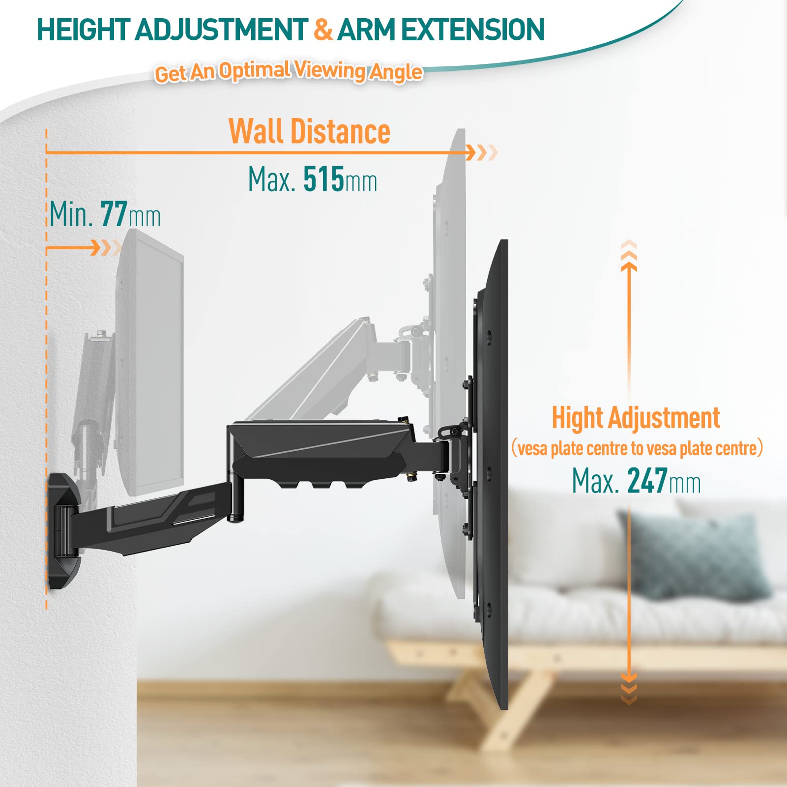 ELIVED Support mural réglable en hauteur pour la plupart des téléviseurs LED, LCD, OLED plats ou incurvés de 23 à 55" avec VESA 100 x 100 mm-400 x 400 mm jusqu'à 25 kg, support d'angle à mouvement