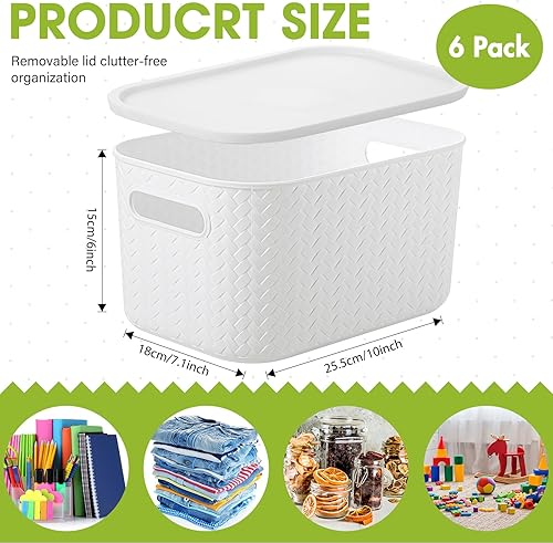 Miniatura 2 de Suzile 6 cestas de almacenamiento de plástico con asa de tapa de 10 x 7 x 6 pulgadas, pequeños contenedores apilables para organización y
