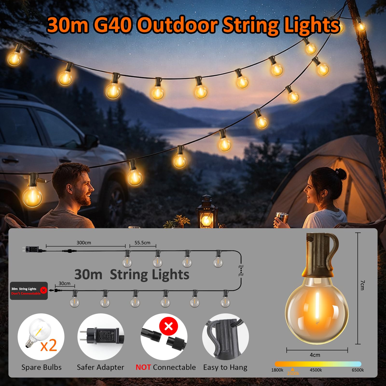 Kangtaixin Cadena de luces LED para exteriores de 30 m, con temporizador, 50 + 2 bombillas G40, 4 modos y regulable, resistente al agua, para jardín, balcón, terraza, fiesta, boda (blanco cálido)