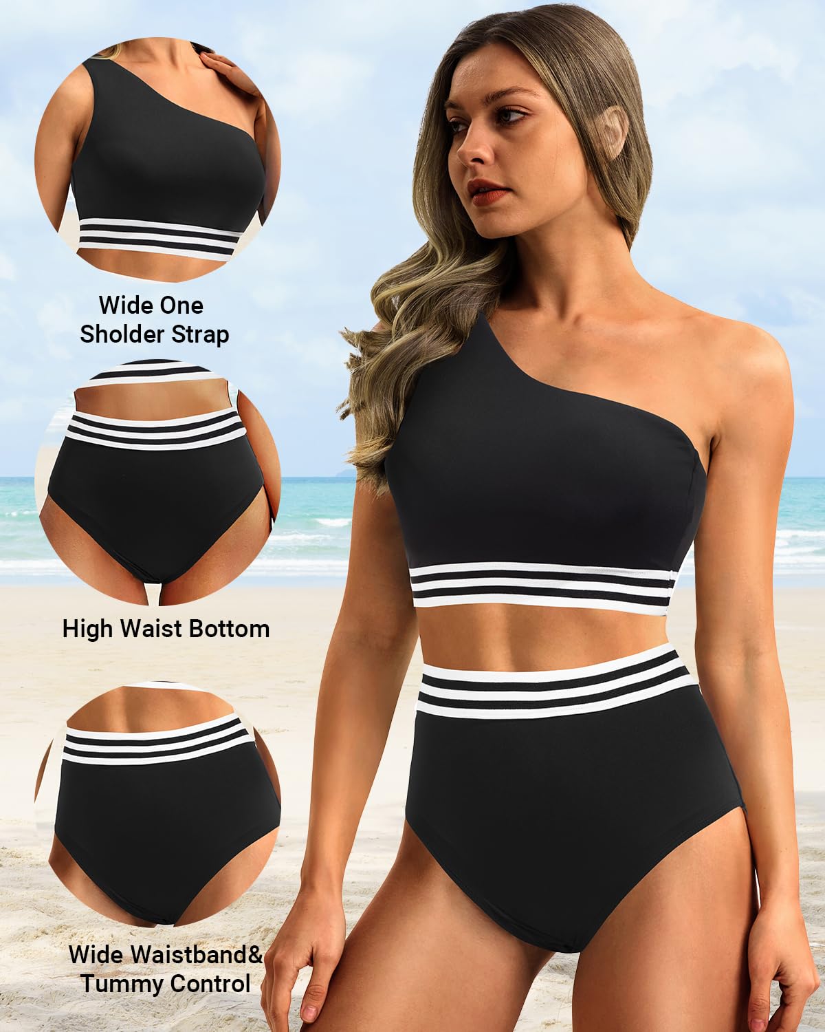 Holipick Damen-Bikini-Set, eine Schulter, hohe Taille, zweiteiliger Badeanzug, Bauchkontrolle, volle Abdeckung, Bademode | Herausnehmbare Pads, vollständige Abdeckung, vollständiges Futter, Bauchkontrolle, für Pool, Strand, Urlaub