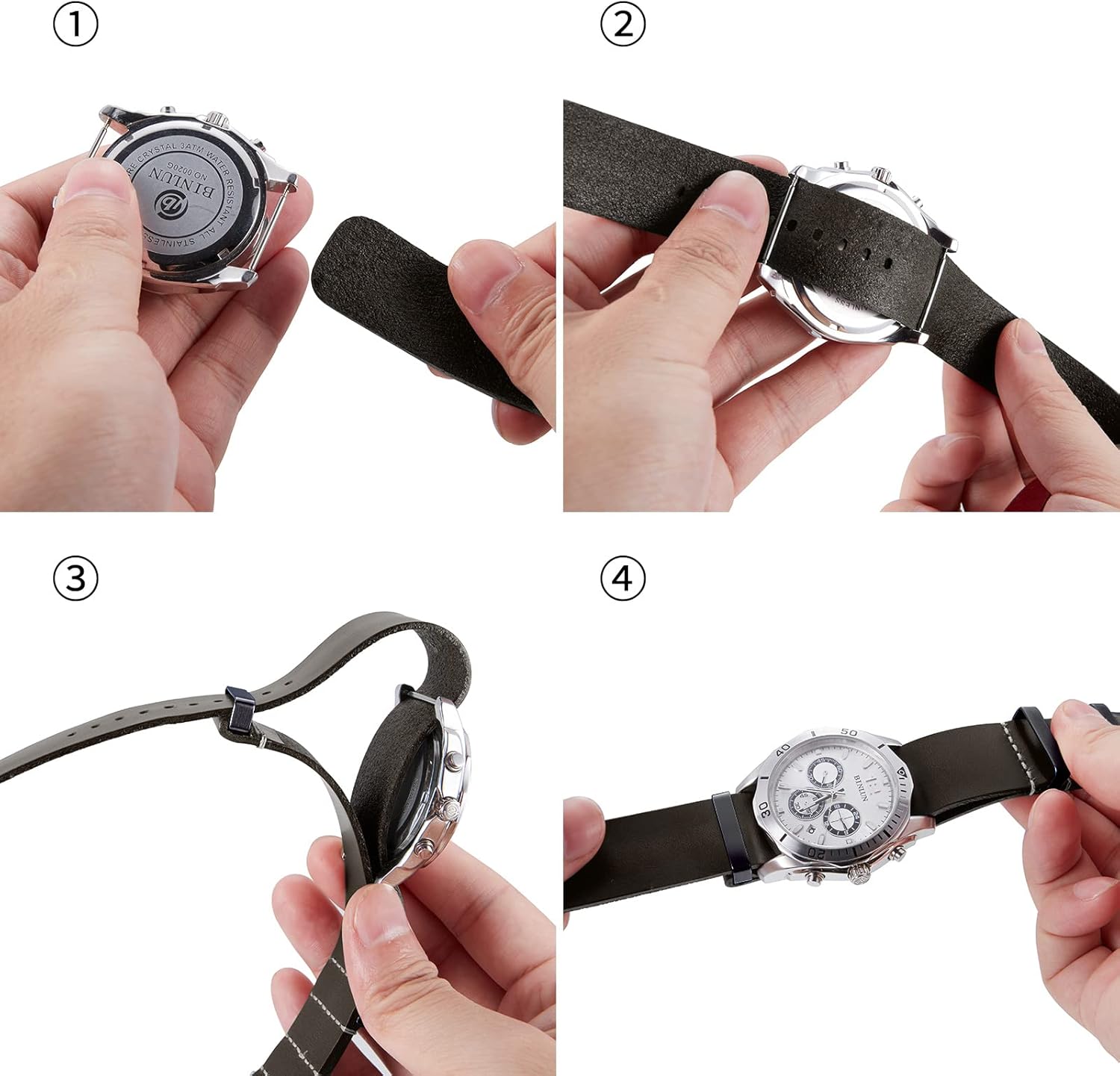 BINLUN Leather Watch Band Crazy Horse Oiled Leather Watch Straps 18mm 19mm 20mm 21mm 22mm 24mm Replacement One-Piece Watchbands for Men and Women Silver & Black Buckle - Image 2