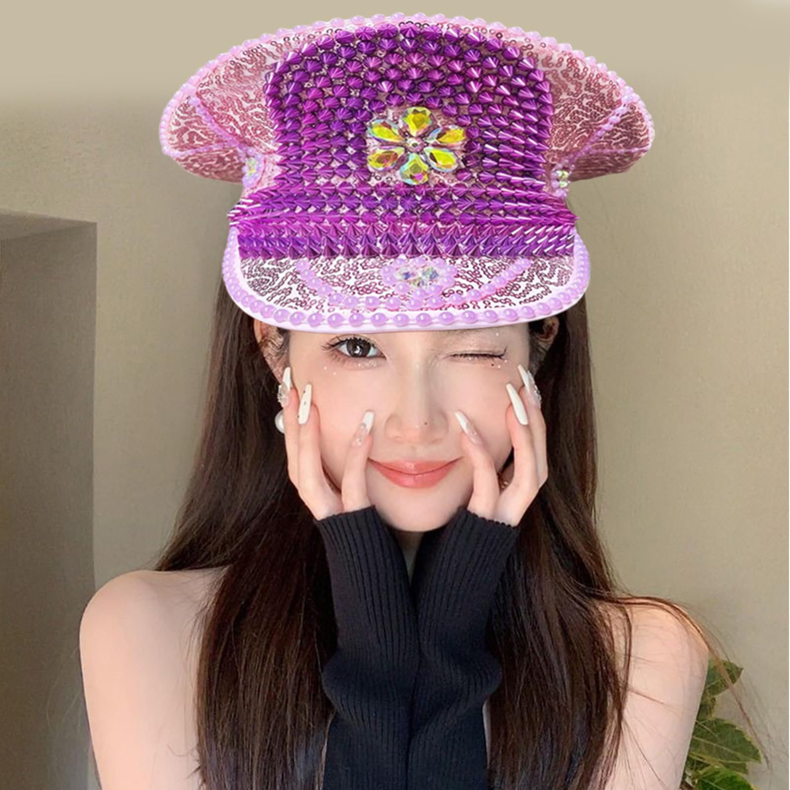 Cappello blu navy con paillettes strass impreziosito cappello alla moda accessorio festival per feste occasioni