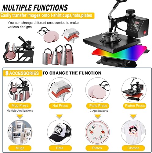 Vista 11 de Máquina de prensa de calor 5 en 1, prensa de calor oscilante de 12 x 15 pulgadas para sublimación, máquina de prensado de camisetas multifunción