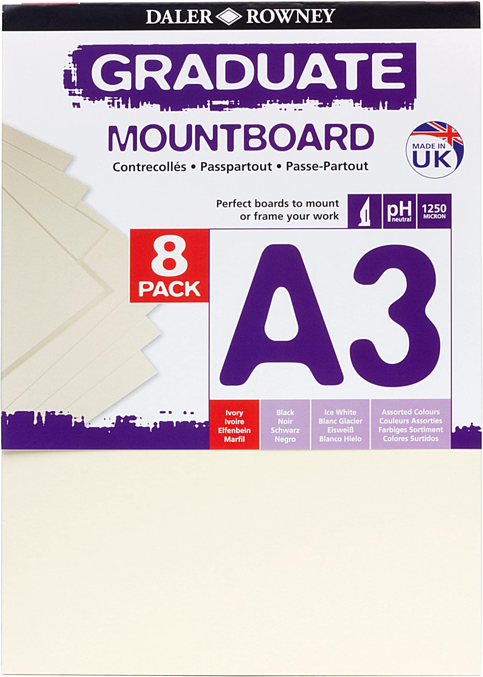 Daler-Rowney Graduate Cream Core A3 Mountboard Pack, 8 x Ivory Smooth Surface, 1.25mm Thick, For Student Artists & Hobbyists