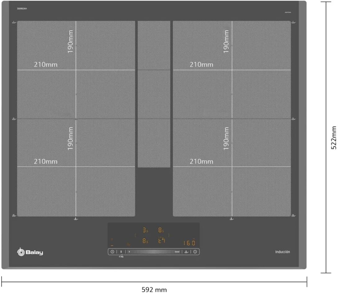 Technical drawing of Balay 3EB960AH induction hob with dimensions