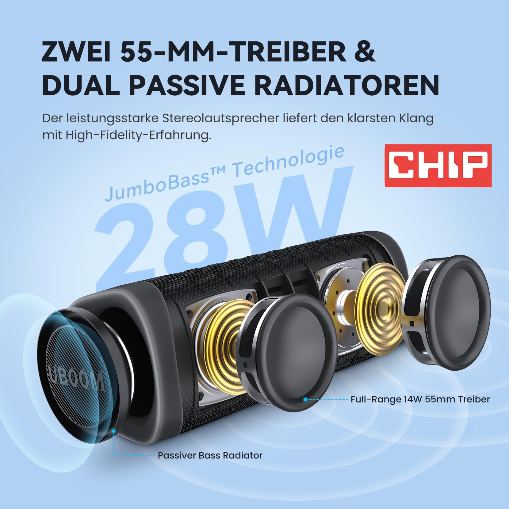 EarFun UBOOM L Bluetooth Lautsprecher, Kabelloser Lautsprecher 28W Stereo Sound, Satte Bässe mit 2 Treibern, IP67 Wasserdicht & Staubdicht, Dual Pairing, 16H, Outdoor Musikbox für Party