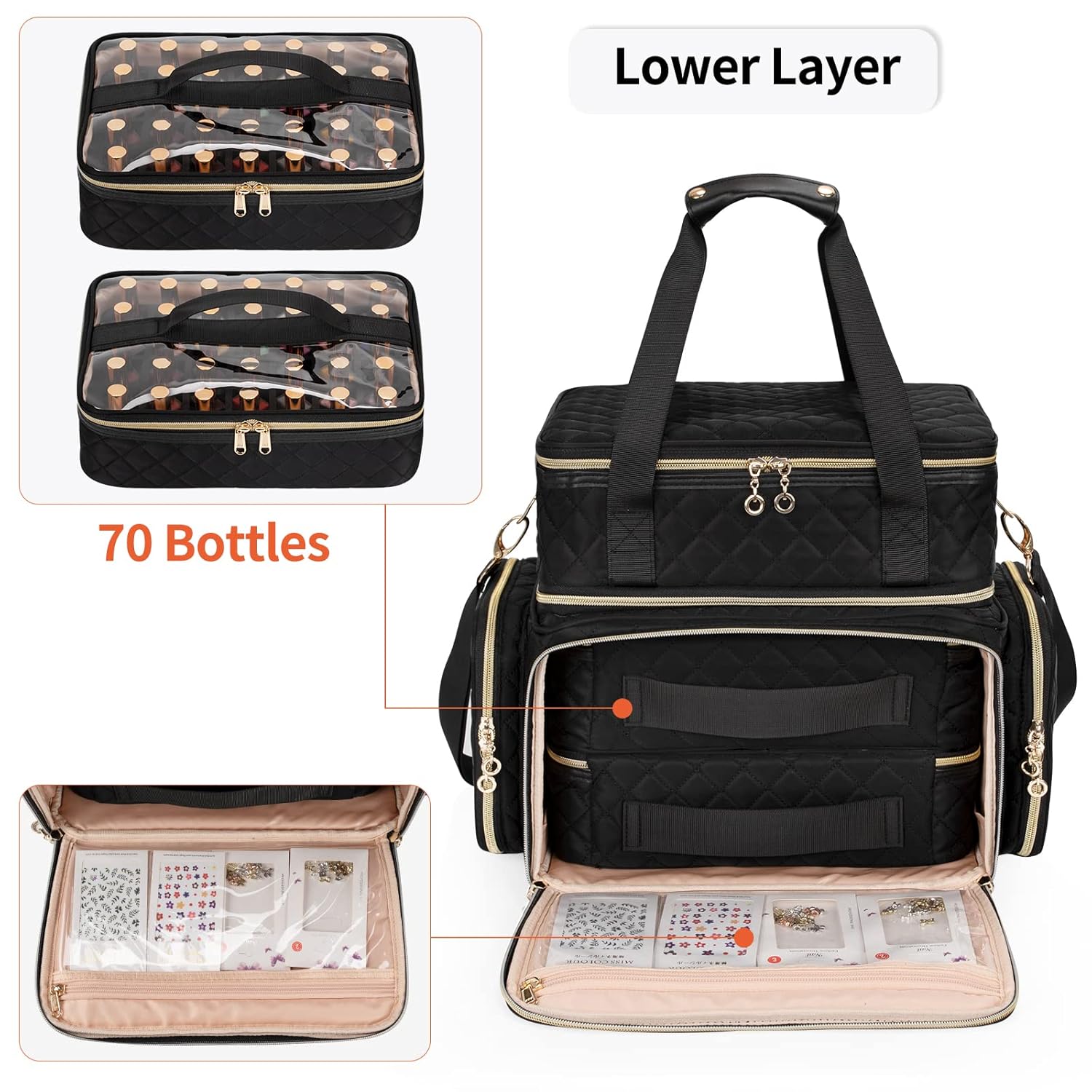 Ethereal Extra Large Polish Organizer Case Holds 70+ Bottles (15ml/0.5 fl.oz) UV lamp, Detachable Nail Bag with 2 Removable Pouches Fits Nail Suppiles, Nail Accessories