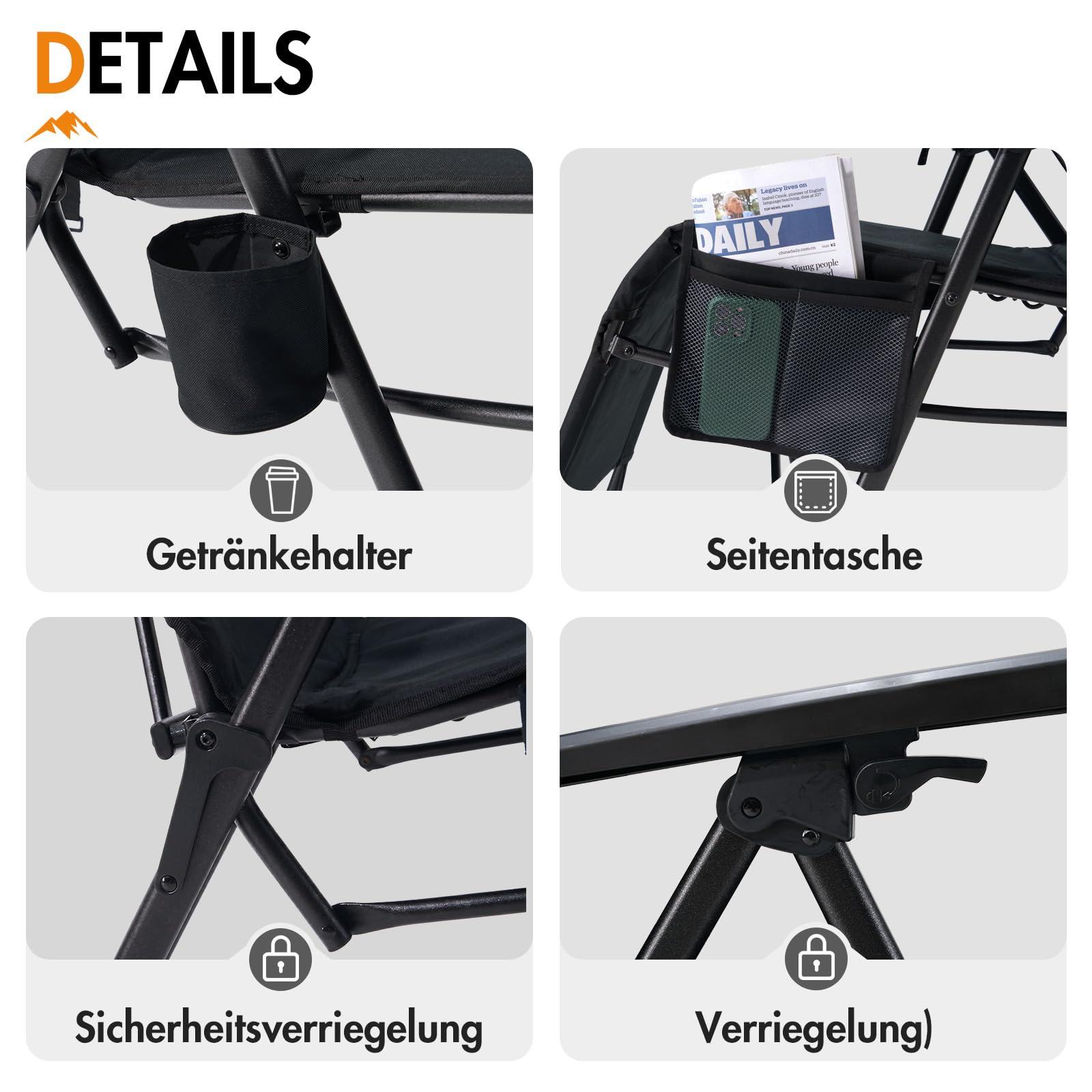 Portal Liegestuhl Klappbar Garten Campingstuhl Faltbar mit Fußablage 180KG Klappliege mit Zero-Gravity-Funktion Sonnenliege im Bündel-Falt-Design verstellbare Liege für Terrasse Strand Indoor