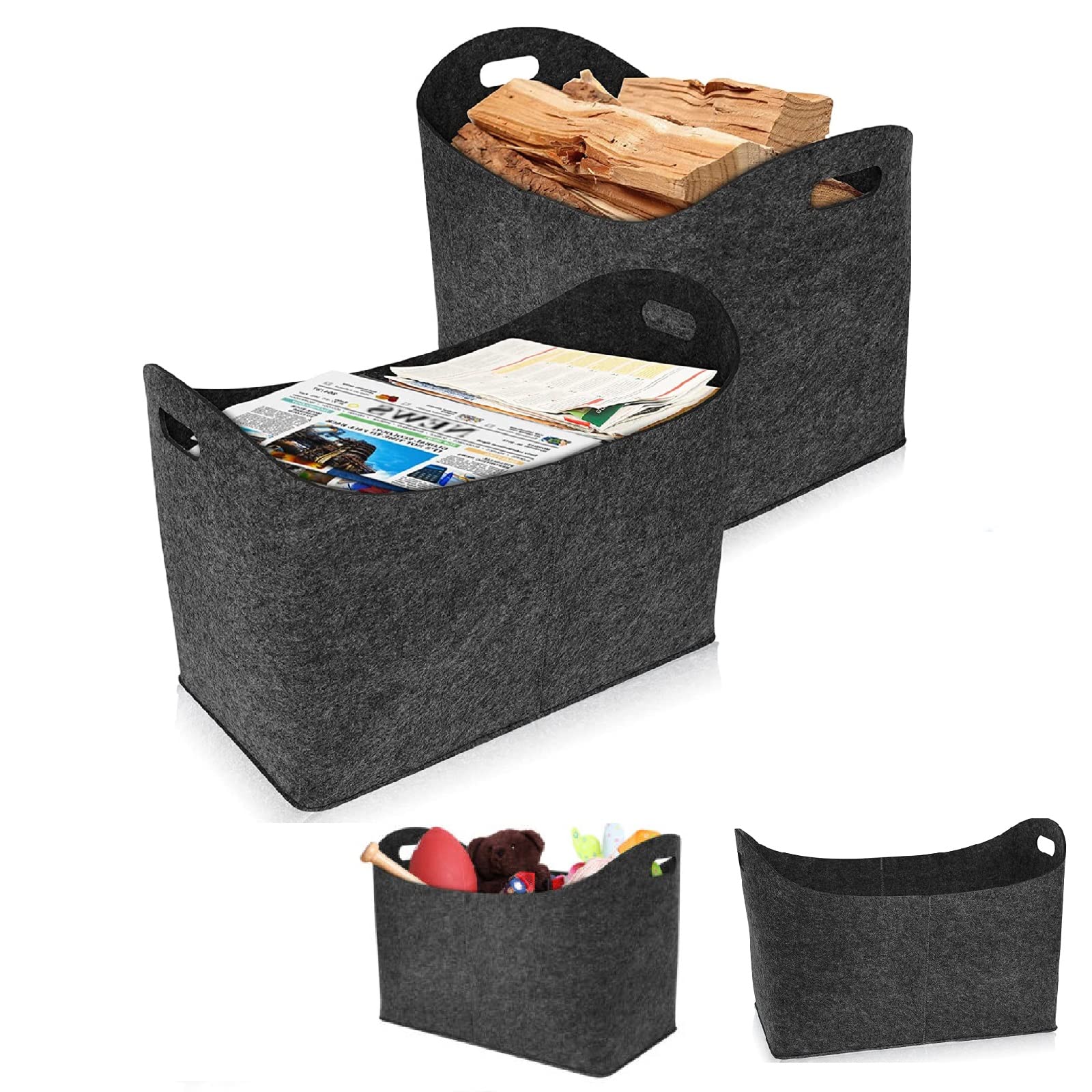 LZQ Borsa XXL in feltro per legna da ardere con manico rinforzato, cestino in legno per legna da ardere in feltro, borsa shopper extra spessa per la spesa, legna da ardere, giornali, legna da ardere