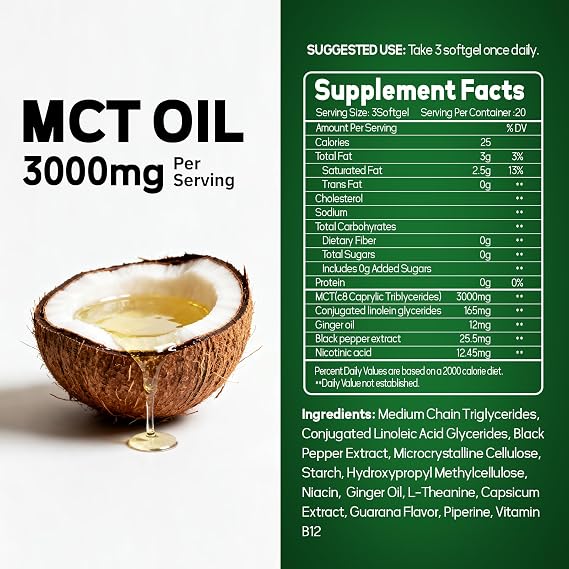 C8 MCT Oil Softgels 3000 mg, Coconut Source, 60 Count