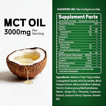 C8 MCT Oil Softgels 3000 mg, Coconut Source, 60 Count