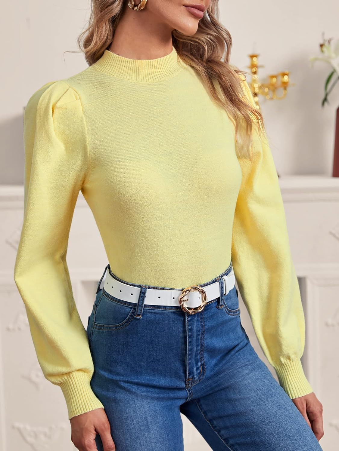 Women's Sweater Mock Neck Lantern Sleeve Sweater Sweater for Women (Color : Yellow, Size : Medium)