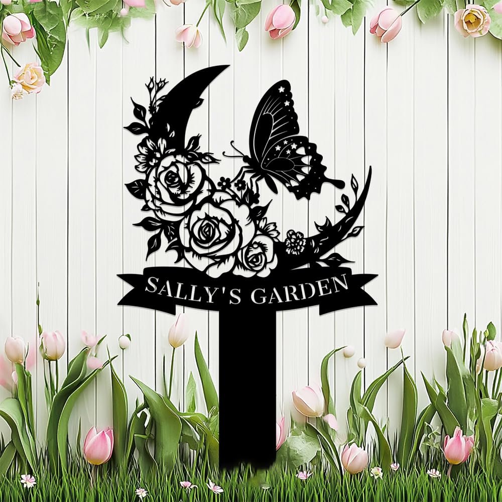 Custom Butterfly Moon Metal Sign Garden Art with Stake,Personalized Flowers Gardener Name Signs Outside Yard Decor,Customized Gardening Gifts for Birthday,Floral Welcome Plaque Decorate for Patio Lawn