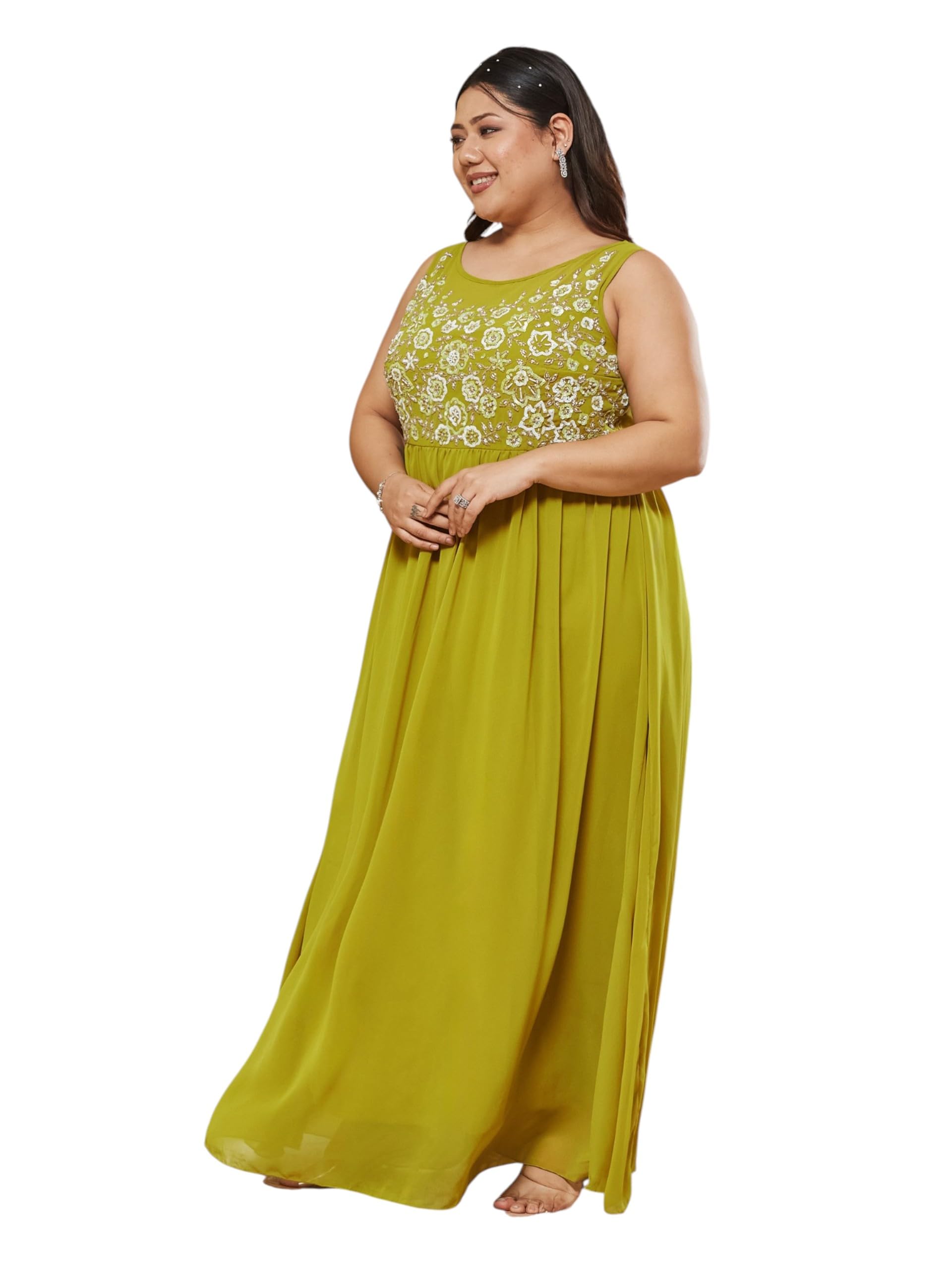 miss chase a+ Women's Boat-Neck Sleeveless Embroidered Georgette Gathered Maxi Dress-picture-26