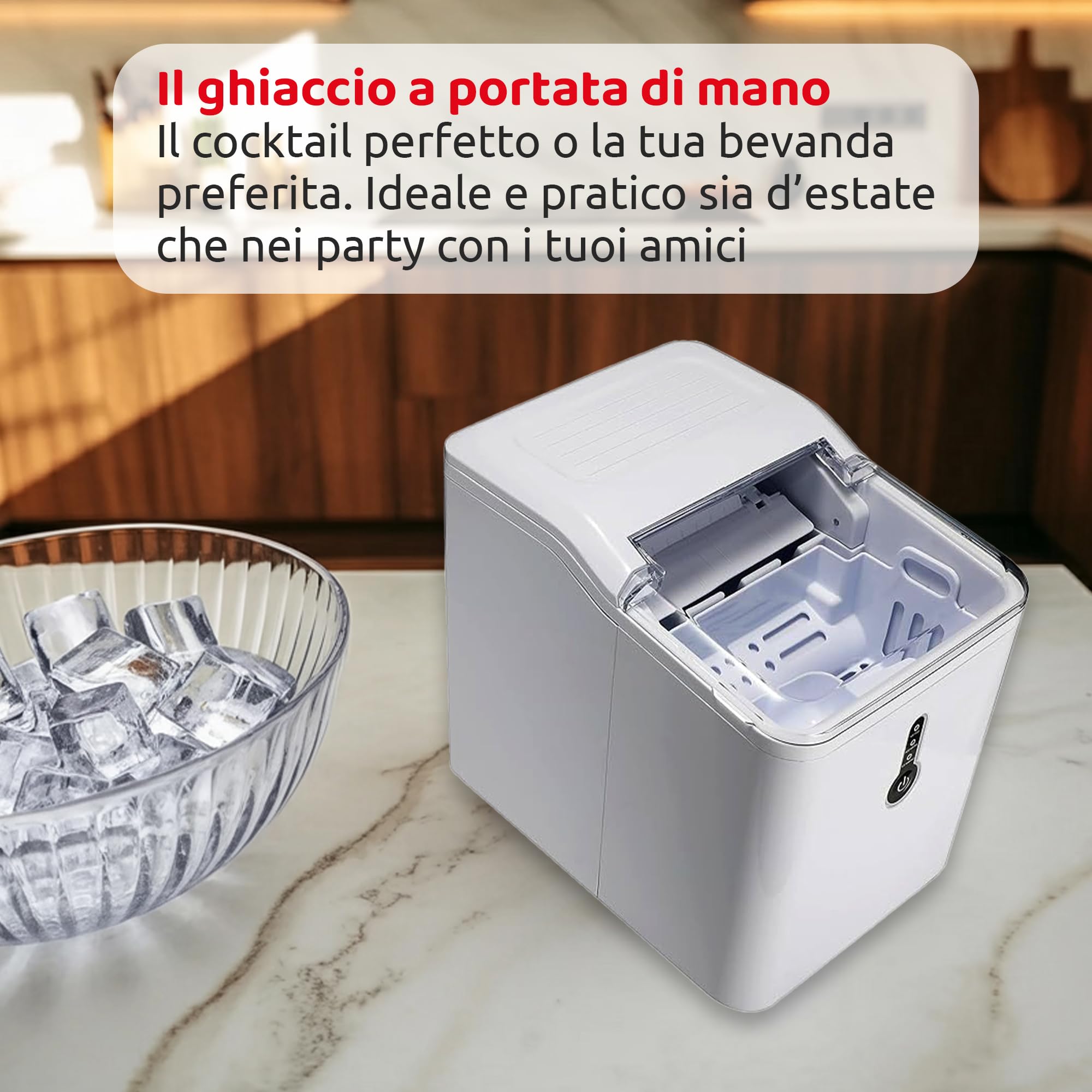 Melchioni Family | Macchina Ghiaccio CUBIK, Capacità di Produzione 12kg in 24h, Cubetti a Forma di Proiettile, Serbatoio dell'Acqua 1.6 L, Serbatoio per il Ghiaccio 1,6 L, Pannello di Controllo Touch