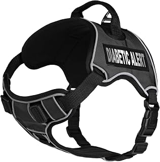 Dogline Quest No-Pull Dog Harness with Diabetic Alert Reflective Removable Patches Reflective Soft Comfortable Dog Vest with Quick Release Dual Buckles Black Hardware and Handle 25 to 31 inches Black