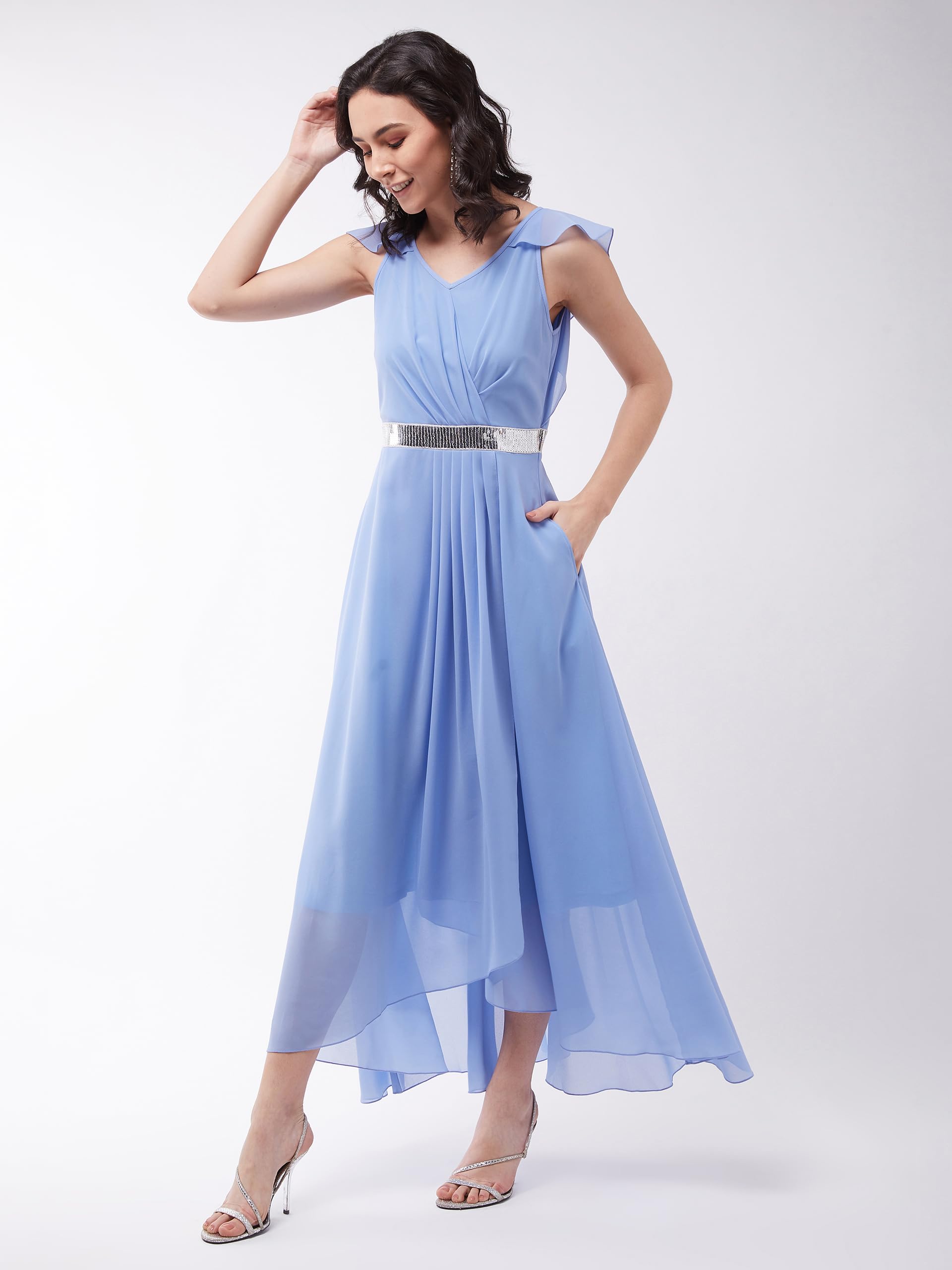 Miss Chase Women's Powder Blue V-Neck Ruffled Sleeve Solid Embellished Maxi Dress (Mcaw21D06-17-167-03,Powder Blue,S)