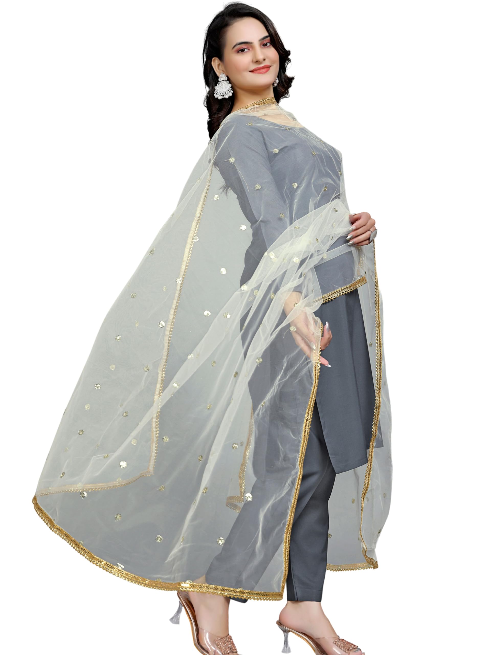 kemza Elegant Net Embroidered Mirror Work Dupatta with Lace Border, Polka Dot Pattern – Soft, Lightweight – 1-picture-35